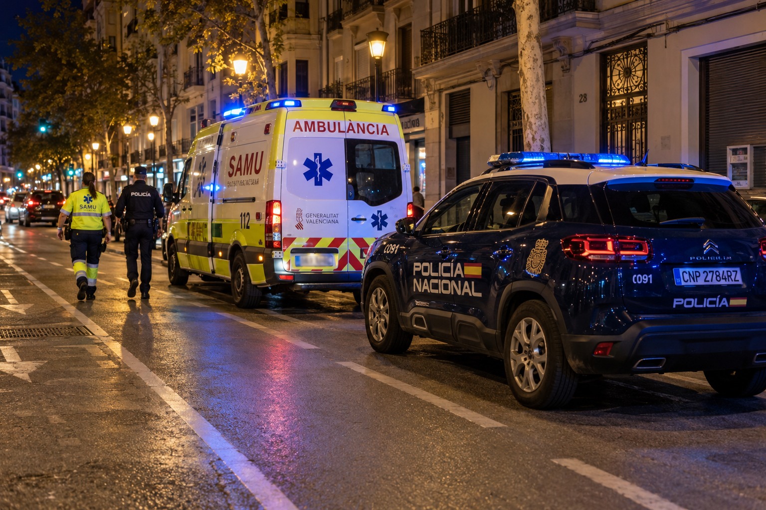 Asistencia de emergencias y policía en una calle española de noche. Escena ilustrativa.