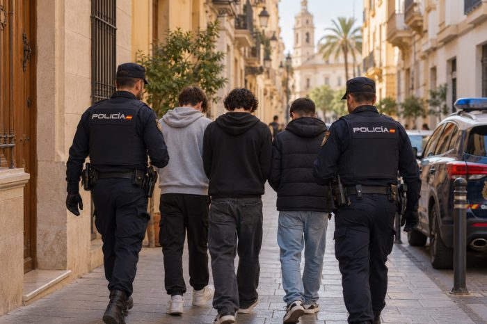 Tres adolescentes de espaldas acompañados por agentes de policía en una calle española, escena ilustrativa