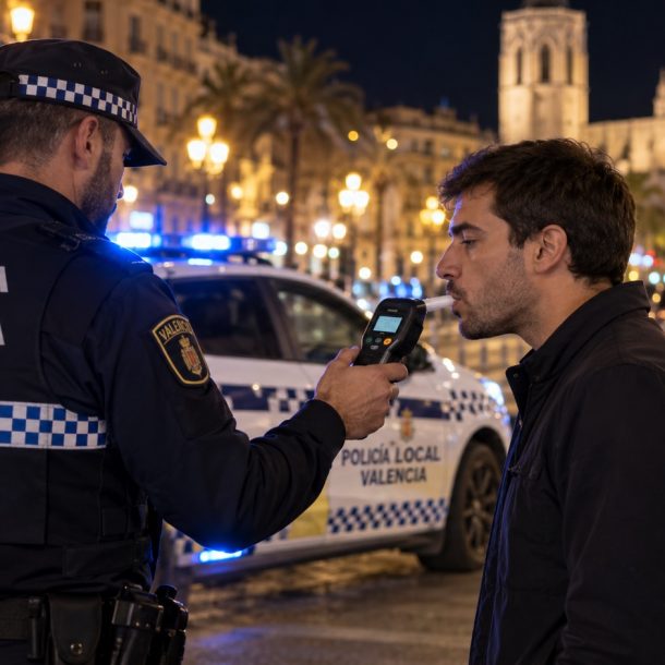 Policía Local de Valencia realizando una prueba de alcoholemia a un conductor de noche, recreación ilustrativa