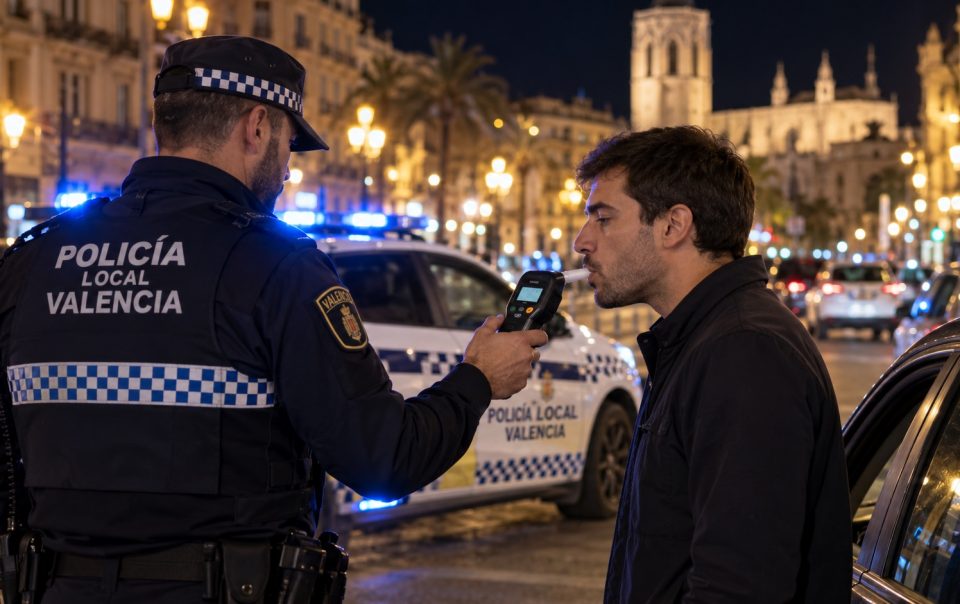 Policía Local de Valencia realizando una prueba de alcoholemia a un conductor de noche, recreación ilustrativa